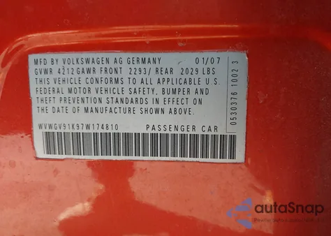 2007 Volkswagen Gti 4-Door из США, поврежденный, VIN WVWGV91K97W174810